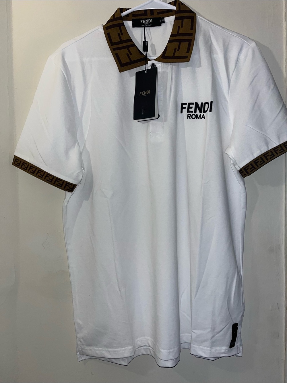 Fendi White Polo with Brown FF Logo Collar and Sleeve Trim